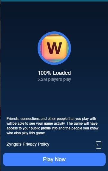 Facebook App Center: Words with Friends Play Now screen with Zynga Privacy Policy