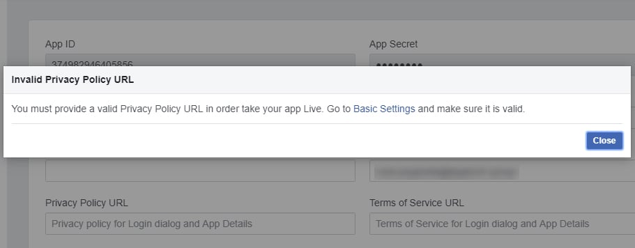 Facebook Developer Dashboard: Invalid Privacy Policy URL pop-up