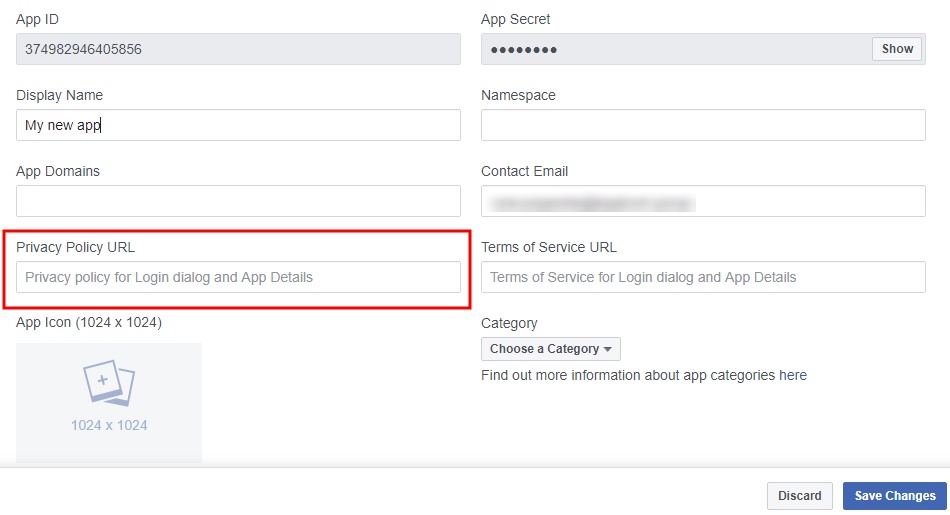 Facebook Developer dashboard with Privacy Policy URL field highlighted