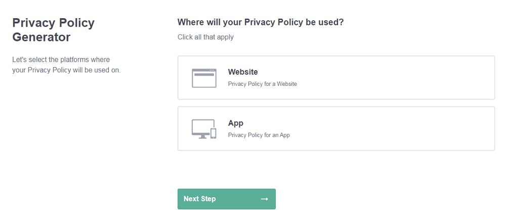 PrivacyPolicies.com: Privacy Policy Generator - Select platforms - Step 1